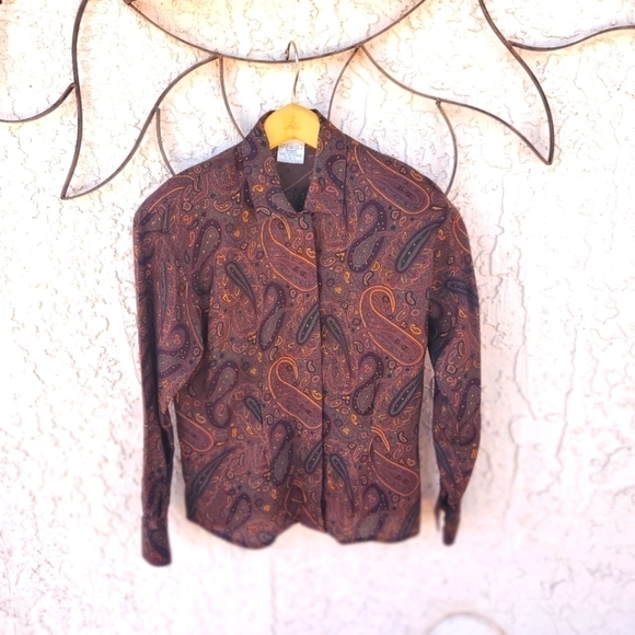 Jones New York Brown Paisley Long Sleeve Button Down Sz 2 Blouse - Picture 1 of 9